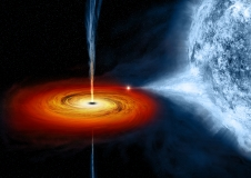 This conceptualized drawing of black hole Cygnus x-1 shows the black hole drawing matter from a nearby blue star