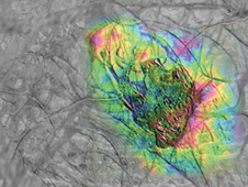 The colored area here is called Thera Macula, a region below the icy exterior of Europa that appears to be in chaos