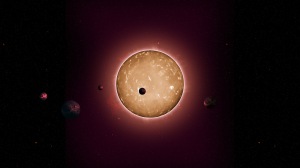 The tightly packed system, named Kepler-444, is home to five small planets in very compact orbits. The planets were detected from the dimming that occurs when they transit the disc of their parent star, as shown in this artist's conception. Image Credit: Tiago Campante/Peter Devine