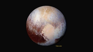 Space scientists combined four New Horizon images taken by LORRI with color data from the Ralph Instrument to produce this stunning global view of Pluto taken at a distance of 280,000 miles (450,000 kilometers) from the spacecraft. 