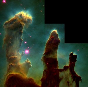  The iconic first image of the Pillars of Creation, to the left in the image below, was taken by the Hubble Space Telescope in 1995, but the latest image shown on the right below is both bigger and shows new details. An immense jet from a young star, intense radiation and stellar winds from brilliant O and B type suns sculpture the dusty Pillars of Creation over time. Three million years in the future the pillars will be totally evaporated by these forces.