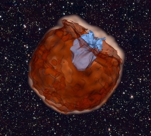 Astronomers use computer simulations to simulate the debris field of a Type Ia supernovae (brown) slamming into a companion star (blue) at tens of millions of miles per hour. Resulting ultraviolet light escapes as the supernova shell sweeps over the companion star, which is detected by the Swift Gamma-ray Burst Alert Telescope and other instruments. Credits: UC Berkeley, Daniel Kasen 
