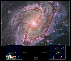 The nearby spiral galaxy M83 is currently the only one known to host two potential Eta Carinae twins. This composite of images from the Hubble Space Telescope's Wide Field Camera 3 instrument shows a galaxy ablaze with newly formed stars. A high rate of star formation increases the chances of finding massive stars that have recently undergone an Eta Carinae-like outburst. Bottom: Insets zoom into Hubble data to show the locations of M83's Eta twins. Credits: NASA, ESA, the Hubble Heritage Team (STScI/AURA) and R. Khan (GSFC and ORAU)