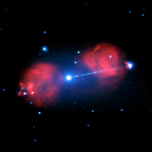 Image caption: This new composite image of the beam of particles was obtained by combining X-ray data (blue) from NASA's Chandra X-ray Observatory at various times over a fifteen year period and radio data from the Australian Telescope Compact Array (Red). Astronomers gain understanding and knowledge of the true nature of these amazing jets by studying and analyzing details of the structure of X-ray and radio data obtained. Image credit: NASA/JPL/Chandra 