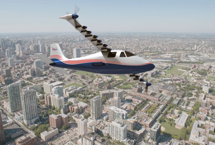 This artist's concept of NASA's X-57 Maxwell aircraft shows the plane's specially designed wing and 14 electric motors. NASA Aeronautics researchers will use the Maxwell to demonstrate that electric propulsion can make planes quieter, more efficient and more environmentally friendly. Credits: NASA Langley/Advanced Concepts Lab, AMA, Inc.