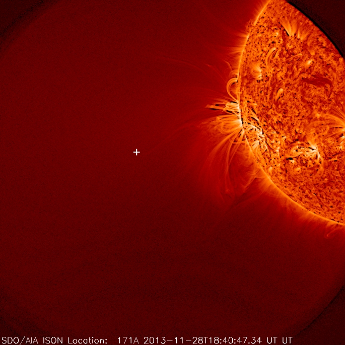 This image from NASA's Solar Dynamics Observatory shows the sun, but no Comet ISON was seen. A white plus sign shows where the Comet should have appeared. It is likely that the comet did not survive the trip. Credits: NASA/SDO