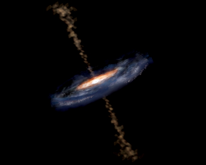 This illustration shows the different features of an active galactic nucleus (AGN), and how our viewing angle determines what type of AGN we observe. The extreme luminosity of an AGN is powered by a supermassive black hole at the center. Some AGN have jets, while others do not. Click on image for unlabeled, high-res version. Image credit: Aurore Simonnet, Sonoma State University.