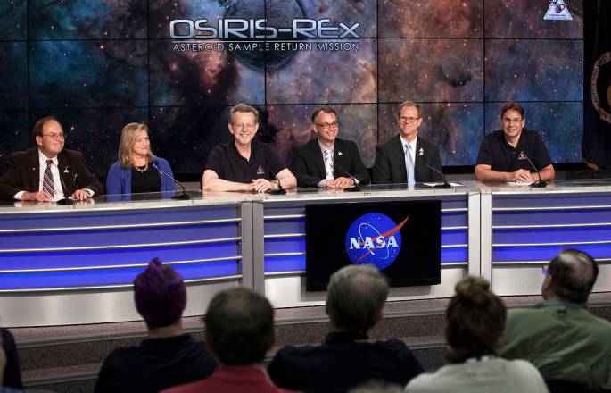 Post launch conference inside the KSCTV Auditorium after the successful launch of OSIRIS-REx. Credits: Photo credit: NASA/Kim Shiflett