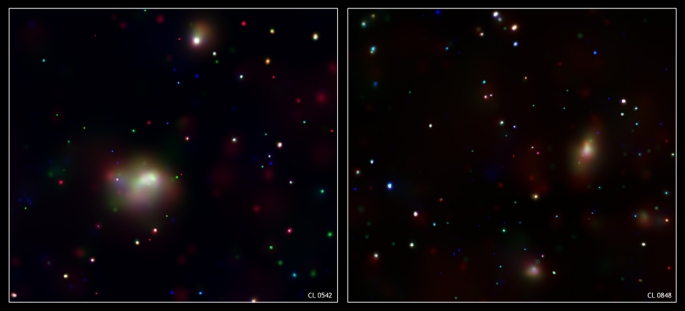 These galaxy clusters show that younger, more distant galaxy clusters contained far more active galactic nuclei (AGN) than older, nearby ones. It was found that the clusters at 58% of the Universe's current age contained about 20 times more AGN than those at 82% of Universe's age. The galaxies in the earlier Universe contained much more gas that allowed for more star formation and black hole growth. In the Chandra X-ray images, red, green, and blue represent low, medium, and high-energy X-rays.
