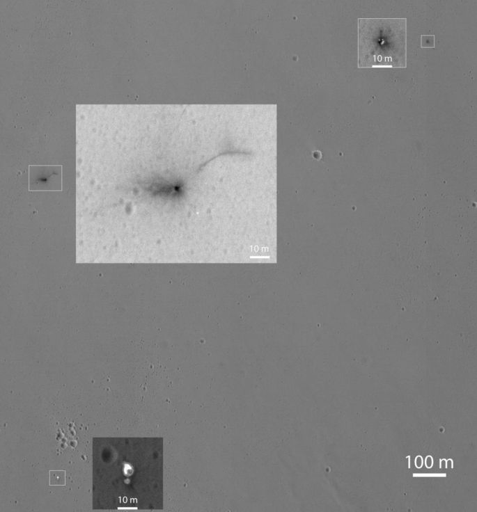 This Oct. 25, 2016, image shows the area where the European Space Agency's Schiaparelli test lander reached the surface of Mars, with magnified insets of three sites where components of the spacecraft hit the ground. It is the first view of the site from the High Resolution Imaging Science Experiment (HiRISE) camera on NASA's Mars Reconnaissance Orbiter taken after the Oct. 19, 2016, landing event. This Oct. 25 observation shows three locations where hardware reached the ground, all within about 0.9 mile (1.5 kilometer) of each other, as expected. The annotated version includes insets with six-fold enlargement of each of those three areas. Brightness is adjusted separately for each inset to best show the details of that part of the scene. North is about 7 degrees counterclockwise from straight up. The scale bars are in meters. At lower left is the parachute, adjacent to the back shell, which was its attachment point on the spacecraft. The parachute is much brighter than the Martian surface in this region. The smaller circular feature just south of the bright parachute is about the same size and shape as the back shell, (diameter of 7.9 feet or 2.4 meters). At upper right are several bright features surrounded by dark radial impact patterns, located about where the heat shield was expected to impact. The bright spots may be part of the heat shield, such as insulation material, or gleaming reflections of the afternoon sunlight. Image Credit: NASA/JPL-Caltech/Univ. of Arizona 