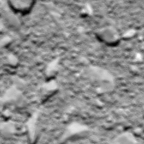 Rosetta's last image of Comet 67P/Churyumov-Gerasimenko, taken shortly before impact, at an estimated altitude of 66 feet (20 meters) above the surface. The image was taken with the OSIRIS wide-angle camera on 30 September. The image scale is about 5 mm/pixel and the image measures about 2.4 m across. Credits: ESA/Rosetta/MPS for OSIRIS Team MPS/UPD/LAM/IAA/SSO/INTA/UPM/DASP/IDA