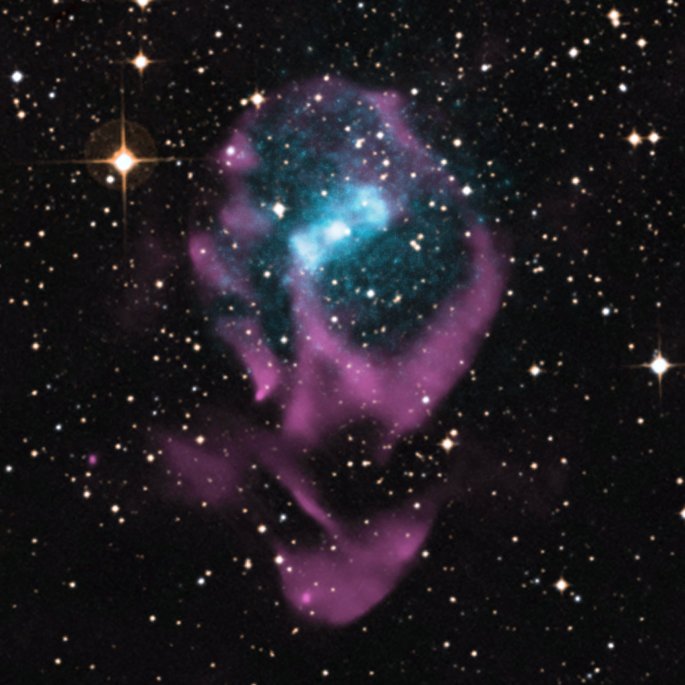 The youngest member of an important class of objects has been found using data from NASA's Chandra X-ray Observatory and the Australia Compact Telescope Array. A composite image shows the X-rays in blue and radio emission in purple, which have been overlaid on an optical field of view from the Digitized Sky Survey. This discovery, described in the press release, allows scientists to study a critical phase after a supernova and the birth of a neutron star.