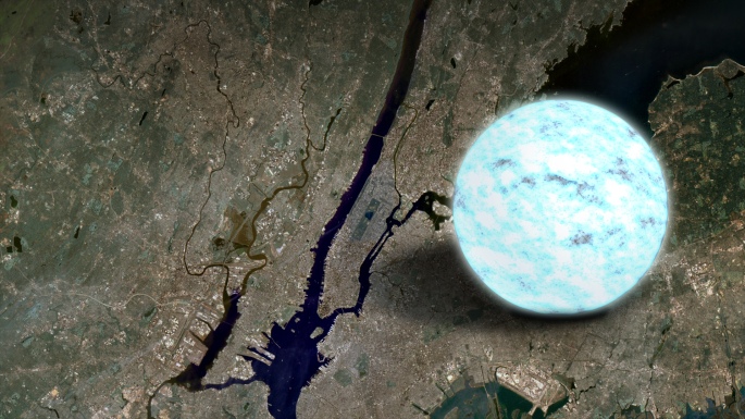 This illustration compares the size of a neutron star to Manhattan Island in New York, which is about 13 miles long. A neutron star is the crushed core left behind when a massive star explodes as a supernova and is the densest object astronomers can directly observe. Credits: NASA's Goddard Space Flight Center